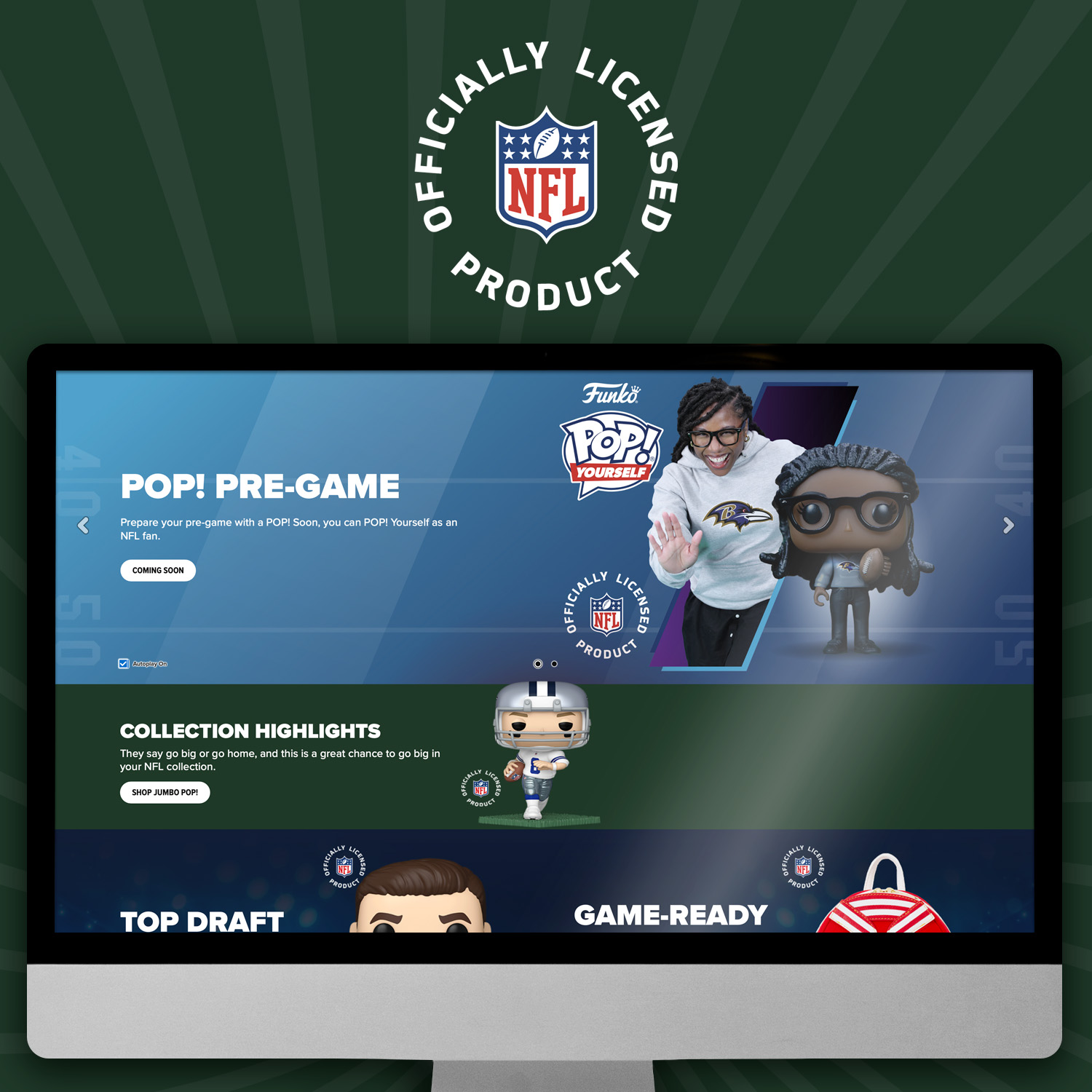 Dark Green swirl background with computer screen showcasing Funko NFL landing page.