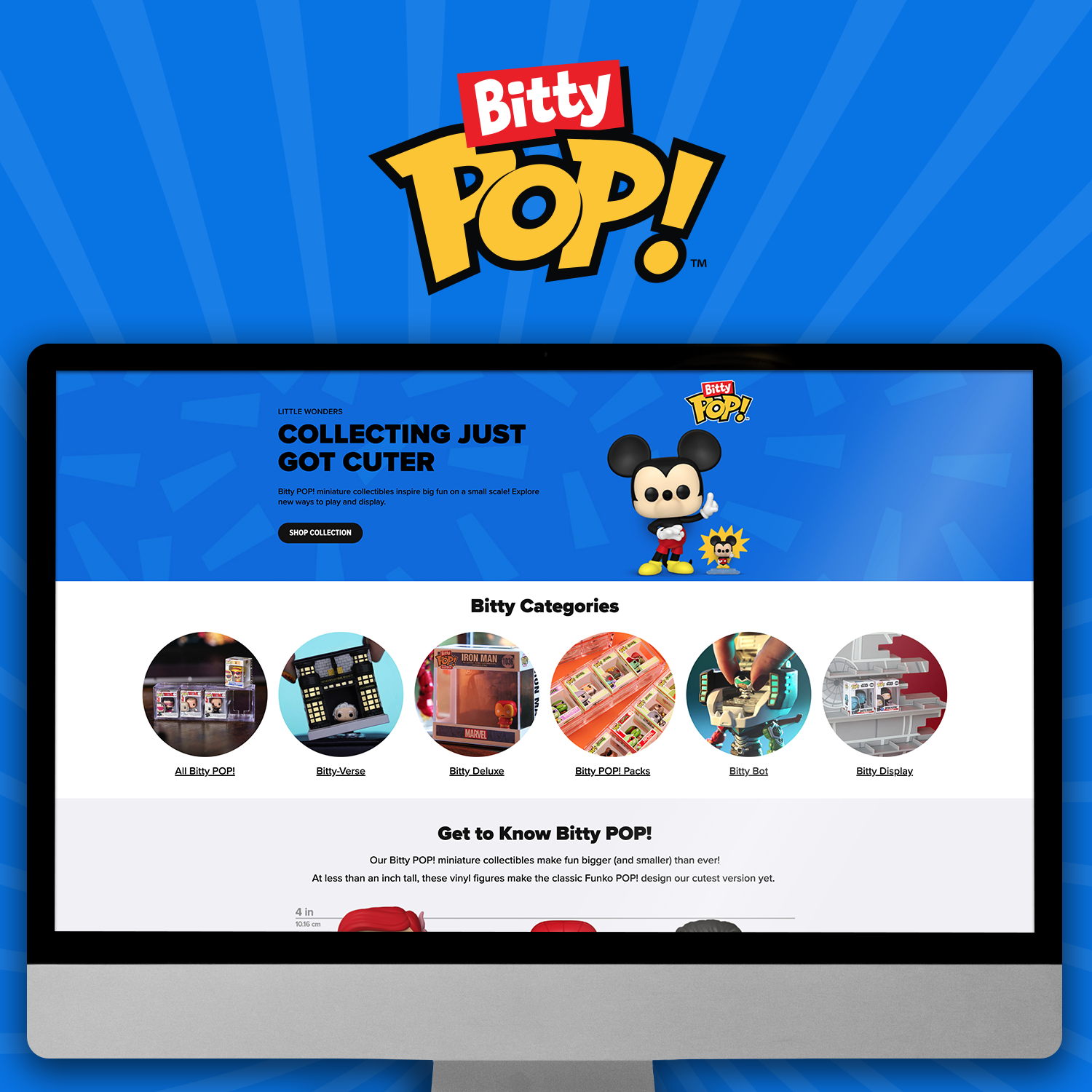 Pink swirl background with computer screen showcasing Funko Bitty POP! landing page