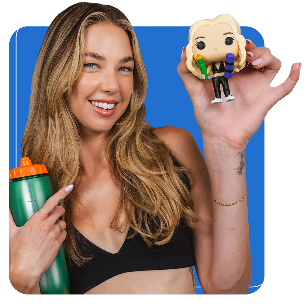 Blue background with model wearing Black workout outfit and water bottle holding a custom Funko POP! Yourself figure with the same outfit and accessories